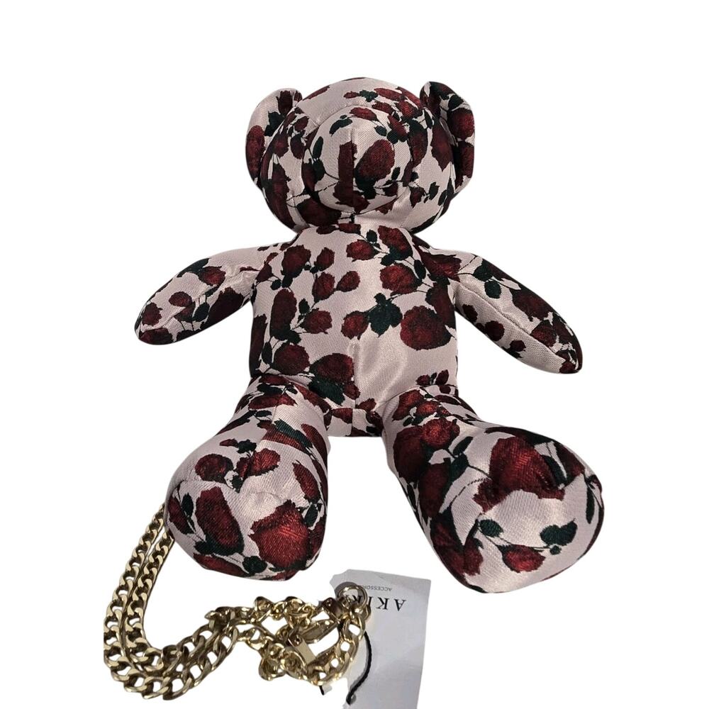 New AKIRA Pink One Rose Bear Bag Floral Teddy Bear Crossbody Purse Gold Chain